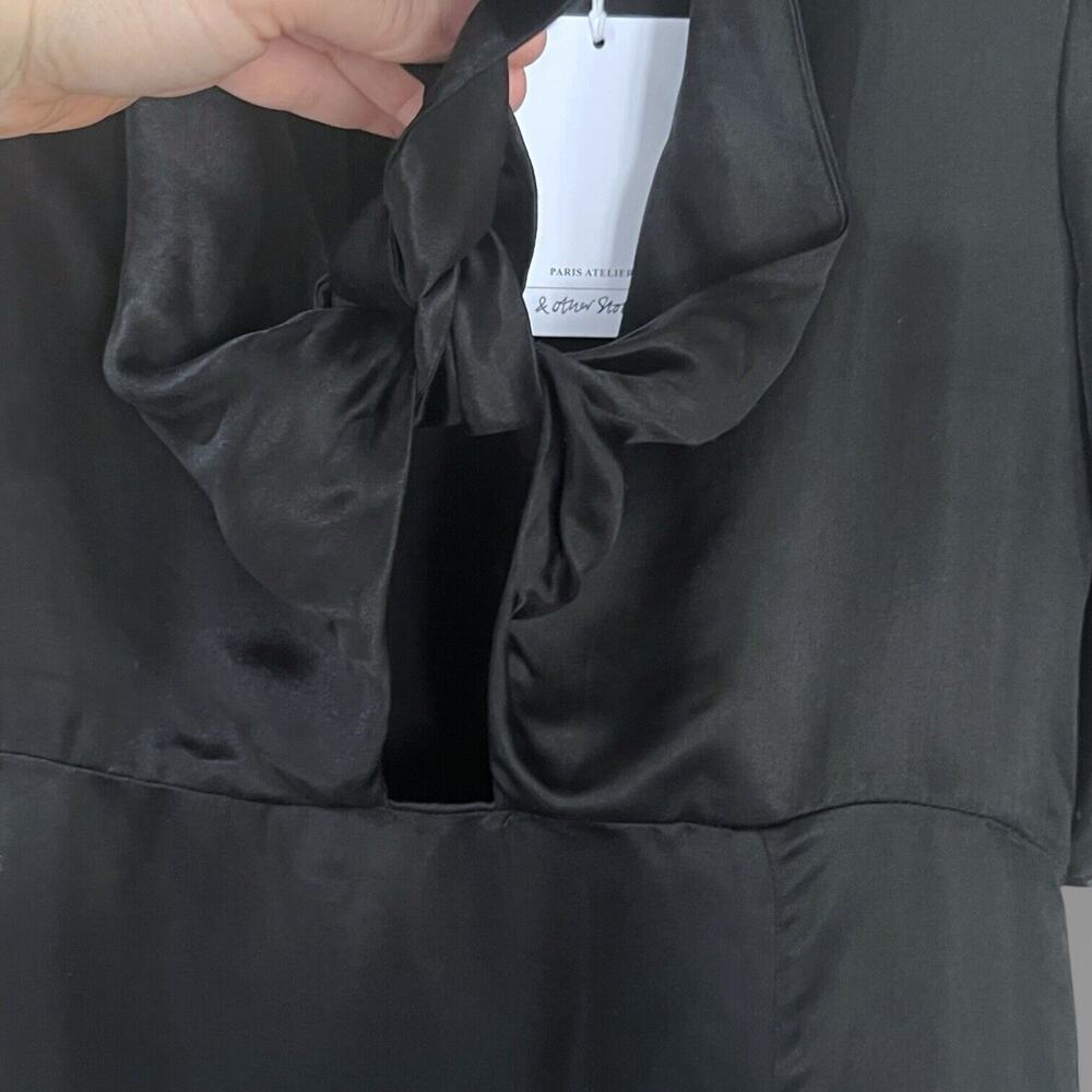 & Other Stories Black Silk Blend Satin Tie Front Midi Dress Sz 2 Flutter Sleeve - Picture 9 of 12